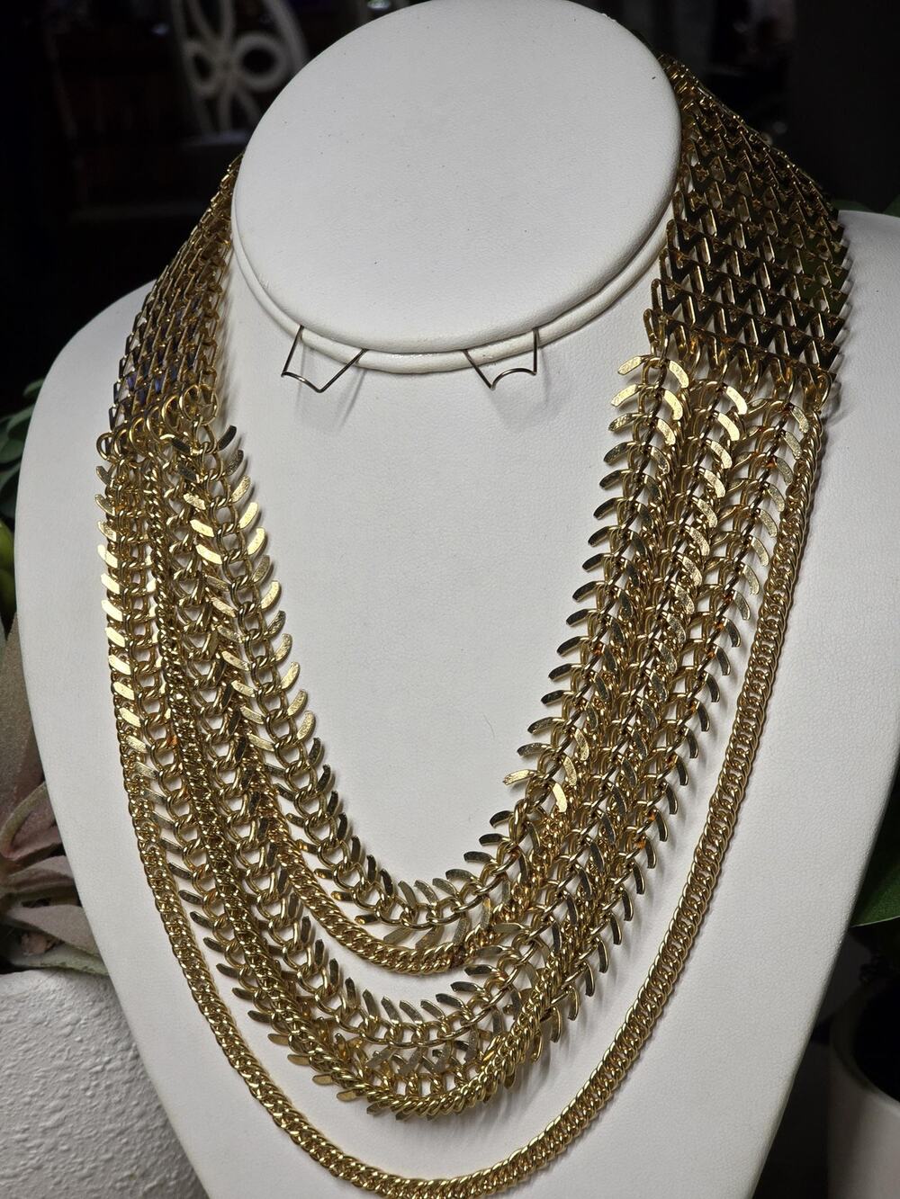 Vintage Gold Tone Multi Strand Bib Necklace | Layered Fringe Chain Jewelry